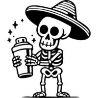 Bartender in Mexican hat and skeleton costume preparing cocktail in shaker in monochrome. Simple minimalistic image in black ink drawing on white background vector