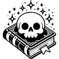 Skeleton skull stands on a witchcraft book in monochrome. Simple minimalistic image in black ink drawing on white background vector