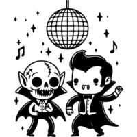 Couple of dancers dressed as vampires dance in disco club at Halloween party in monochrome. Simple minimalistic image in black ink drawing on white background vector