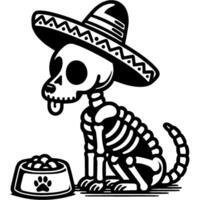 Mexican dog in skeleton costume sits in front of low table with food in monochrome. Simple minimalistic image in black ink drawing on white background vector