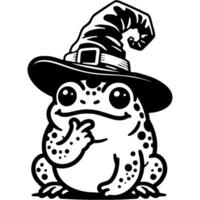 Frog with witch hat on his head ponders how to lift a curse in monochrome. Simple minimalistic image in black ink drawing on white background vector
