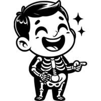 Boy dressed as skeleton laughs cheerfully, holds his stomach and points his finger forward in monochrome. Simple minimalistic image in black ink drawing on white background vector