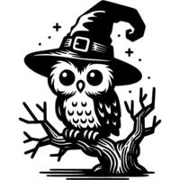 Owl wearing sorceress hat sits on old dry tree in monochrome. Simple minimalistic image in black ink drawing on white background vector