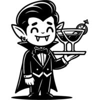 Waiter dressed as a vampire carries cocktails on tray in monochrome. Simple minimalistic image in black ink drawing on white background vector