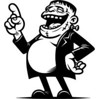 Zombie resurrected by a mad scientist laughs cheerfully, holds his stomach and points his finger forward in monochrome. Simple minimalistic image in black ink drawing on white background vector