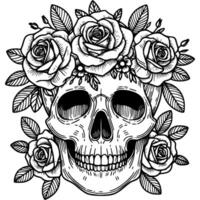 Human skull decorated with a wreath of roses in monochrome. Simple minimalistic image in black ink drawing on white background vector