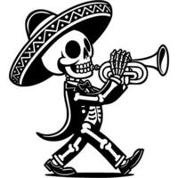 Cheerful street musician plays the trumpet while dressed in a skeleton costume and a Mexican sombrero hat in monochrome. Simple minimalistic image in black ink drawing on white background vector