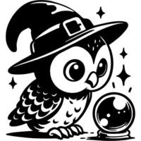 Owl with sorceress hat on its head looks into a crystal ball in monochrome. Simple minimalistic image in black ink drawing on white background vector