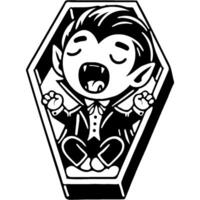 Little baby vampire wakes up lying in coffin, stretches and yawns in monochrome. Simple minimalistic image in black ink drawing on white background vector
