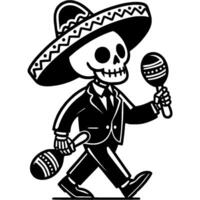 Cheerful street musician with maracas dressed in a skeleton costume and a Mexican sombrero hat in monochrome. Simple minimalistic image in black ink drawing on white background vector