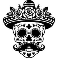Human skull with Mexican facial ornament, mustache and sombrero decorated with flowers in monochrome. Simple minimalistic image in black ink drawing on white background vector