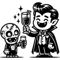 Guests dressed as vampires and zombies clink glasses of lemonade on Halloween in monochrome. Simple minimalistic image in black ink drawing on white background vector
