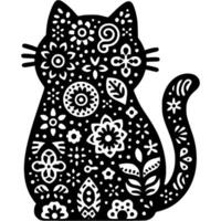 Silhouette of a sitting cat figurine decorated with a floral Mexican pattern in monochrome. Simple minimalistic image in black ink drawing on white background vector