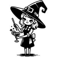 Bartender dressed as Halloween witch prepares cocktail in monochrome. Simple minimalistic image in black ink drawing on white background vector