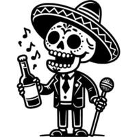 Cheerful street singer with a bottle of Tequila in his hand sings a song in monochrome. Simple minimalistic image in black ink drawing on white background vector