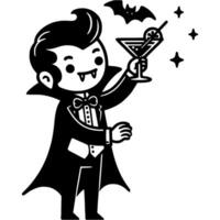 Vampire at Halloween party holds glass of alcohol in monochrome. Simple minimalistic image in black ink drawing on white background vector