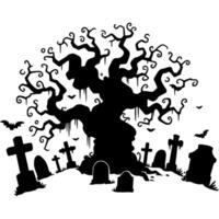 Silhouette of an old abandoned cemetery with a dried up tree and leaning tombstones in monochrome. Simple minimalistic image in black ink drawing on white background vector