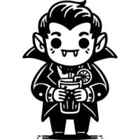 Man in vampire costume holding glass of juice in monochrome. Simple minimalistic image in black ink drawing on white background vector