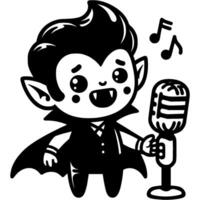 Vampire singer sings into a microphone in a karaoke club in monochrome. Simple minimalistic image in black ink drawing on white background vector