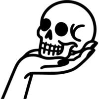 Female witch hand holding human skull in palm in monochrome. Simple minimalistic image in black ink drawing on white background vector