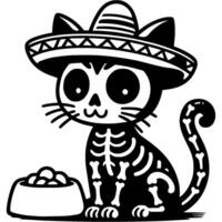 Mexican cat in skeleton makeup sits in front of low table with food in monochrome. Simple minimalistic image in black ink drawing on white background vector