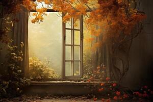 Enchanted autumn room with open window view photo