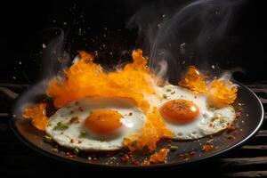 Flaming sunny side up eggs on pan photo