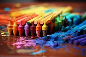 Vibrant array of broken crayons and pastels photo