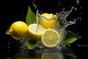 Fresh lemons splashing in water on black background photo