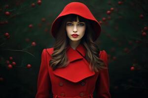 Mysterious woman in red cloak with berry bush background photo