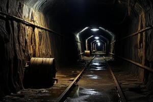 Abandoned mine tunnel with railway tracks photo