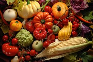 Array of fresh, colorful autumn vegetables and fruits, perfectly arranged for a seasonal background photo