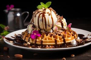 Gourmet waffle with ice cream and chocolate drizzle photo