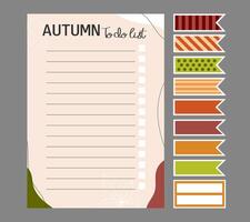 Template of Autumn to do list and stickers in a cozy fall palette. Illustration for agenda, planner, checklist, book, note, memo, card and other stationery. Layout in A4, A5, A6. vector