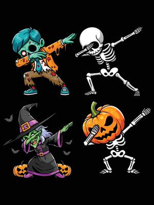 Happy Halloween dabbing zombie, skeleton, witch, skeleton with pumpkin head