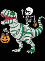 skeleton riding a t-rex with a jack-o-Lantern. V sign vector
