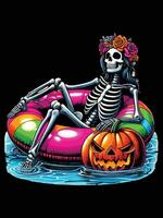 Skeleton floating on a water float with a halloween pumpkin, skeleton woman vector