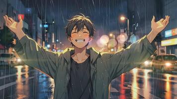 Boy stands in the rain with arms wide open, city lights reflecting on the wet streets. The scene is reminiscent of a melancholic anime, capturing a moment of solitude and reflection. video