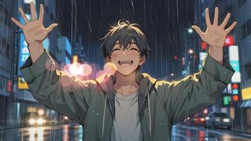 Boy stands in the rain with arms wide open, city lights reflecting on the wet streets. The scene is reminiscent of a melancholic anime, capturing a moment of solitude and reflection. video