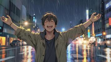 Boy stands in the rain with arms wide open, city lights reflecting on the wet streets. The scene is reminiscent of a melancholic anime, capturing a moment of solitude and reflection. video