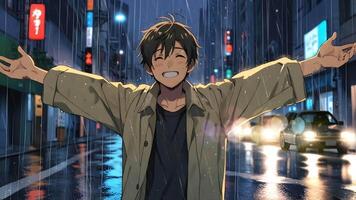 Boy stands in the rain with arms wide open, city lights reflecting on the wet streets. The scene is reminiscent of a melancholic anime, capturing a moment of solitude and reflection. video