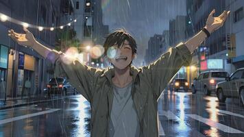 Boy stands in the rain with arms wide open, city lights reflecting on the wet streets. The scene is reminiscent of a melancholic anime, capturing a moment of solitude and reflection. video