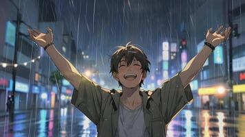 Boy stands in the rain with arms wide open, city lights reflecting on the wet streets. The scene is reminiscent of a melancholic anime, capturing a moment of solitude and reflection. video