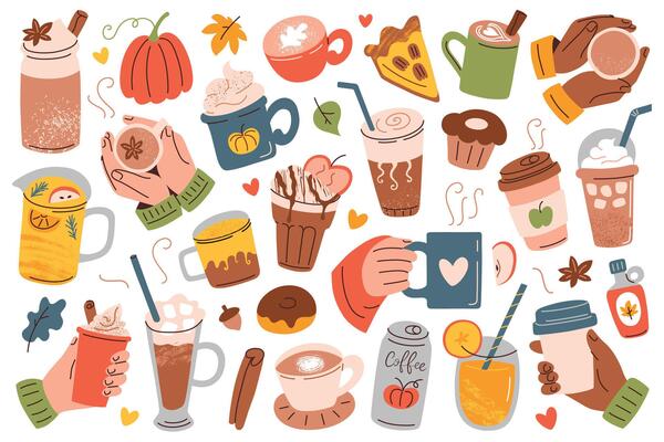 Autumn drinks and desserts set in flat cartoon style. Cozy collection with illustrations of hands with coffee cups, hot chocolate, pumpkin spice latte. Seasonal designs and fall holiday parties