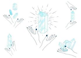 Set of Contour Quartz Crystals in a Outline Hand at White Background vector