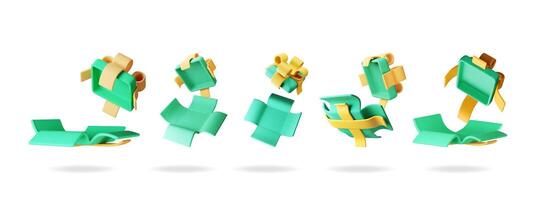 3D open gift box set isolated. Render collection of colorful box vector