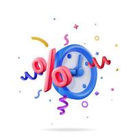 3D alarm clock with percentage sign in confetti. Render clocks with percent symbol. vector