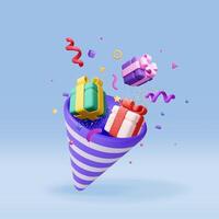 3D party popper with confetti isolated. Render plasticine confetti collection vector