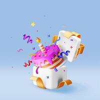 3D cake with candle with confetti in gift box. Render chocolate layer cake decorated with purple glaze icing. vector