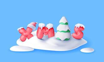 3D Christmas tree in snow and red balloon xmas word in snowdrift. vector